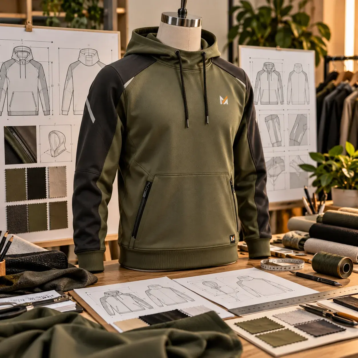 Custom olive green and black hoodie with Mega Apparel logo displayed on a mannequin, surrounded by technical design sketches, fabric swatches, measurements, and garment specifications for cut-and-sew clothing manufacturing.